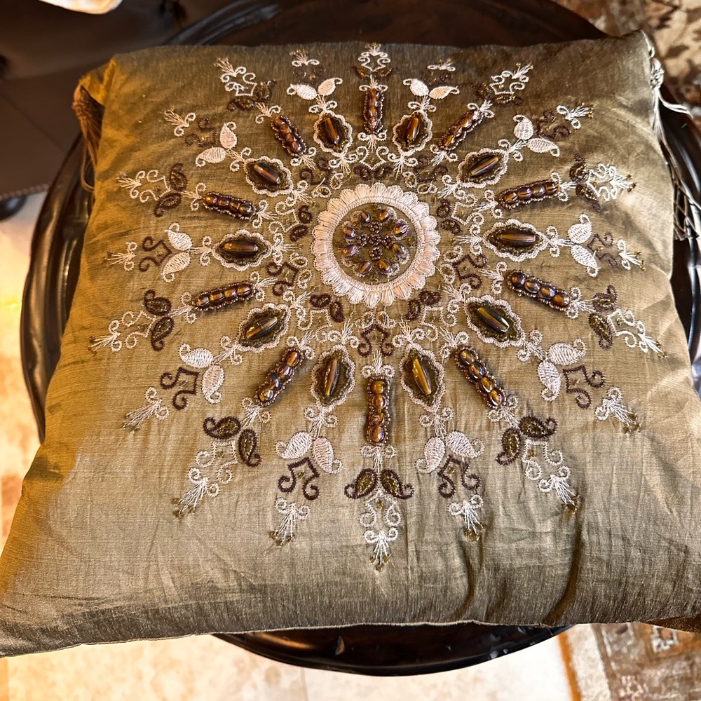 15.5 x 15.5 - silk beaded pillow gold tone